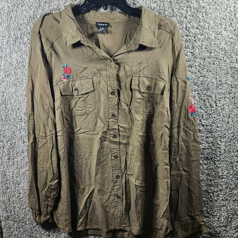 Torrid Button Down Shirt Olive Green Floral Embroidered Utility Womens 2x